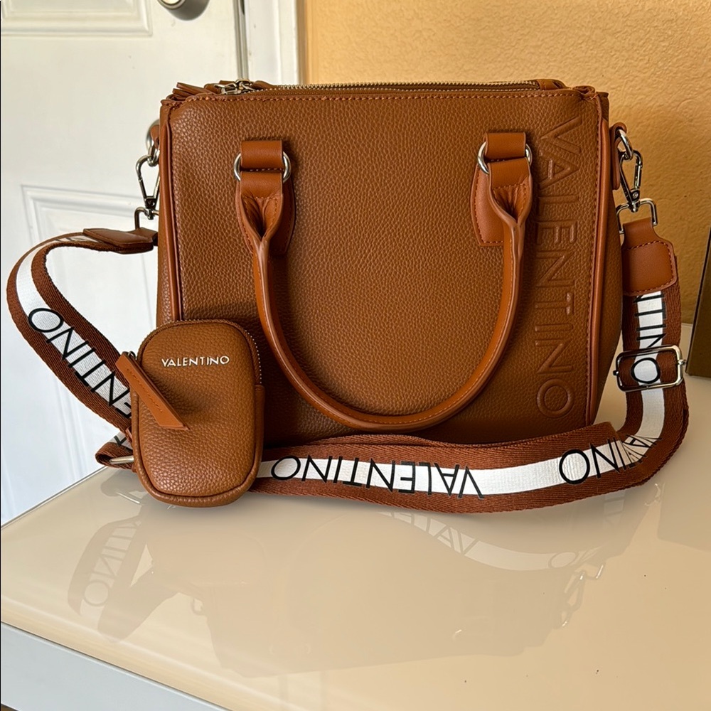 Valentino Tan Leather Handbag with Logo Strap